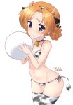  1girl animal_print artist_name ball beachball bell bikini blue_eyes blush braid breasts closed_mouth collar collarbone cow_horns cow_print cow_tail dated eyebrows_visible_through_hair fake_horns fake_tail french_braid girls_und_panzer highres horns kuzuryuu_kennosuke looking_at_viewer micro_bikini navel neck_bell orange_hair orange_pekoe_(girls_und_panzer) shiny shiny_skin simple_background small_breasts smile solo standing swimsuit tail thighhighs white_background 