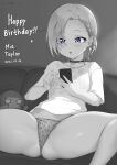 1girl artist_name ass blue_eyes blush bra_strap breasts cellphone choker collarbone earrings eyebrows_visible_through_hair greyscale happy_birthday highres holding holding_phone jewelry love_live! love_live!_nijigasaki_high_school_idol_club mia_taylor monochrome panties parted_lips phone shiny shiny_skin shirt short_hair short_sleeves signature small_breasts smartphone solo thick_thighs thighs underwear unsfrau wet wet_clothes wet_shirt 