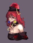  1girl black_shirt breasts chain earrings gold_chain hecatia_lapislazuli jewelry large_breasts off-shoulder_shirt off_shoulder plaid plaid_skirt polos_crown raptor7 red_eyes red_hair shirt skirt solo t-shirt touhou 