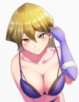  1girl adjusting_hair blonde_hair bra breasts cleavage closed_mouth fingerless_gloves gloves highres large_breasts long_hair looking_at_viewer r2pi shiny shiny_hair simple_background smile solo tenjouin_asuka underwear yellow_eyes yu-gi-oh! yu-gi-oh!_gx 