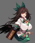  1girl :d arm_cannon bangs bird_wings black_wings blush bow breasts brown_hair cleavage collarbone collared_shirt control_rod english_commentary eyebrows_visible_through_hair eyelashes frills green_bow green_skirt grey_background hair_bow highres large_breasts long_hair looking_at_viewer navel open_mouth puffy_short_sleeves puffy_sleeves raptor7 red_eyes reiuji_utsuho shirt short_sleeves sidelocks simple_background skirt smile solo standing stomach third_eye touhou weapon wing_collar wings 