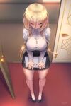  1girl absurdres alternate_costume azur_lane bangs bismarck_(azur_lane) black_bra black_footwear black_skirt blonde_hair bra bra_visible_through_clothes breasts check_commentary cleavage clipboard closed_eyes commentary_request doorway filin from_above hair_between_eyes high_heels highres holding holding_clipboard indoors large_breasts long_hair long_sleeves miniskirt mixed-language_commentary nail_polish no_legwear office_lady see-through skirt thighs underwear 