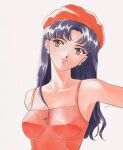  1990s_(style) 1girl bangs beret black_hair breasts brown_eyes camisole collarbone covered_nipples earrings english_commentary grey_background hat head_tilt jewelry katsuragi_misato long_hair looking_up medium_breasts neon_genesis_evangelion parted_bangs portrait red_camisole red_headwear retro_artstyle smile solo yue_(yung_n_dum_) 