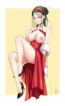  1girl breasts cleavage dress feet foot_dangle green_hair hairlocs headband headdress high_heels highres hitomi_ishigami jewelry large_breasts looking_at_viewer mature_female nipples red_dress rinko_riban rosario+vampire sitting smile yellow_eyes 