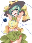  1girl :d adapted_costume armpits bangs blue_eyes cowboy_shot detached_sleeves eyebrows_visible_through_hair green_hair hat kaeranu_kaeru komeiji_koishi looking_at_viewer midriff navel simple_background sleeves_past_fingers sleeves_past_wrists smile solo third_eye touhou white_background 