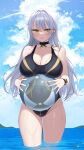  1girl absurdres ass_visible_through_thighs ball bangs bare_arms bare_legs bell black_swimsuit blue_sky bracelet breasts choker cleavage cloud collarbone covered_navel day eyebrows_visible_through_hair highres holding holding_ball horizon jewelry large_breasts long_hair looking_to_the_side myao_(o3o333) neck_bell ocean one-piece_swimsuit original outdoors parted_lips silver_hair sky solo swimsuit symbol-only_commentary thigh_gap thighs wading yellow_eyes 