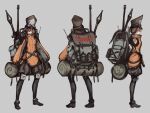  1girl backpack bag black_eyepatch black_footwear black_pants boots brown_eyes character_sheet eyepatch goggles goggles_on_head grey_headwear jacket looking_to_the_side mahou_arms official_art one_eye_covered orange_jacket pants piro_(mahou_arms) puffy_pants short_hair softmode 