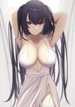  1girl absurdres armpits arms_behind_head azur_lane black_hair breasts cleavage commentary dress highres large_breasts long_hair looking_at_viewer panties red_eyes ref_(pmxt4483) sleeveless sleeveless_dress smile solo spaghetti_strap taihou_(azur_lane) taihou_(temptation_on_the_sea_breeze)_(azur_lane) thighhighs underwear very_long_hair white_dress white_garter_straps white_legwear white_panties 