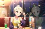  1girl artist_request bangs bare_shoulders blonde_hair blush bracelet breasts brown_eyes cleavage collarbone drink drinking_straw ear_piercing earrings eyelashes fast_food food french_fries idolmaster idolmaster_cinderella_girls idolmaster_cinderella_girls_starlight_stage indoors jewelry necklace night official_art parfait pendant piercing pixie_cut reflection restaurant ring senzaki_ema short_hair sitting smile soda solo table tank_top very_short_hair window 