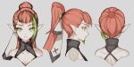  breasts character_sheet cleavage cleavage_cutout clothing_cutout collarbone from_behind from_side frown green_hair grey_background hair_behind_ear highres long_hair looking_at_viewer mahou_arms medium_breasts multicolored_hair multiple_views official_art orange_hair pointy_ears ponytail portrait softmode streaked_hair susan_(mahou_arms) 