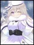  1girl :3 azur_lane belt black_belt blue_eyes coat conet510 cross cross_necklace dress eyebrows_visible_through_hair fur-trimmed_coat fur-trimmed_dress fur-trimmed_headwear fur-trimmed_sleeves fur_trim hat heterochromia jewelry long_hair looking_at_viewer murmansk_(azur_lane) necklace one_eye_closed papakha purple_eyes snow snowing solo standing tail white_dress white_headwear 