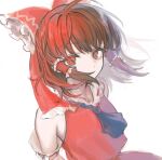  1girl ascot bangs bare_shoulders blue_ascot bow brown_hair collar collared_dress covering_mouth detached_sleeves dress eyebrows_visible_through_hair frills gradient gradient_hair hair_between_eyes hair_ornament hair_tubes hakurei_reimu long_sleeves looking_at_viewer multicolored_hair red_bow red_dress red_eyes red_hair short_hair sidelocks simple_background solo t20210325 touhou upper_body white_background wide_sleeves 
