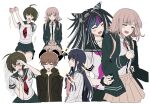  1boy 4girls :d bangs black_hair black_jacket black_nails black_sailor_collar blue_hair blush bow bowtie brown_hair danganronpa:_trigger_happy_havoc danganronpa_(series) danganronpa_2:_goodbye_despair danganronpa_another_episode:_ultra_despair_girls dress_shirt eyebrows_visible_through_hair fang galaga hair_horns highres hood hood_down jacket laughing long_hair maizono_sayaka mioda_ibuki multicolored_hair multiple_girls naegi_komaru naegi_makoto nail_polish nanami_chiaki neck_ribbon necktie open_clothes open_jacket pink_bow pink_bowtie pink_hair pink_ribbon playing_games pleated_skirt red_necktie ribbon sailor_collar school_uniform scrunchie seiza serafuku shirt sitting skirt smile sparkle sweatdrop tearing_up tickling vo1ez white_hair white_shirt wrist_scrunchie 