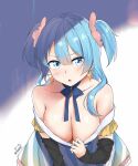  1girl arusuko bangs bare_shoulders blue_eyes blue_hair blunt_bangs blush breasts cleavage clothes_pull dress_pull earrings eyebrows_visible_through_hair hair_ornament highres jewelry large_breasts long_hair looking_at_viewer magia_record:_mahou_shoujo_madoka_magica_gaiden mahou_shoujo_madoka_magica minami_rena open_mouth ribbon scrunchie solo two_side_up 