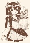  1girl alternate_costume bag bangs bow bread brown_theme commentary cropped_legs food hair_bow hair_ribbon headgear highres holding holding_bag i-47_(kancolle) kantai_collection loaf_of_bread long_hair long_sleeves low-tied_long_hair monochrome nada_namie neckerchief paper_bag parted_lips pleated_skirt ribbon sailor_collar school_uniform serafuku skirt solo translation_request very_long_hair 