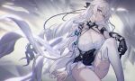  1girl bangs black_gloves breasts bronya_zaychik cleavage commentary_request crossed_bangs drill_hair gloves grey_eyes hair_between_eyes highres honkai_(series) honkai_impact_3rd large_breasts long_hair looking_at_viewer madyy red_pupils single_glove single_thighhigh sitting solo thighhighs twin_drills white_hair white_legwear 
