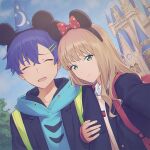  1boy 1girl :d ^_^ arm_hug asanaka_yomogi bangs black_jacket blue_hair blue_headwear blue_hoodie blue_sky blush bow brown_hair castle closed_eyes closed_mouth cloud cloudy_sky collared_shirt commentary_request crescent_moon day disneyland eyebrows_behind_hair facing_viewer green_eyes gridman_universe hair_between_eyes hair_ornament hairclip hat hood hood_down hoodie jacket long_hair long_sleeves looking_at_viewer mickey_mouse_ears mikazuchi_zeus minami_yume moon open_clothes open_jacket outdoors polka_dot polka_dot_bow print_headwear red_bow selfie shirt sky sleeves_past_wrists smile ssss.dynazenon star_(symbol) star_print sweater_vest upper_body white_shirt wizard_hat 