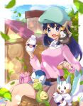  1girl :d bangs belt black_hair border bottle brown_belt brown_skirt budew cloud collared_shirt commentary_request dawn_(pokemon) day eyelashes green_headwear grey_eyes hair_ornament hairclip haru_(haruxxe) hat highres holding leaves_in_wind long_hair milk_bottle moomoo_milk on_shoulder open_mouth outdoors outside_border pachirisu pink_sweater piplup pokemon pokemon_(creature) pokemon_(game) pokemon_bdsp pokemon_on_shoulder shirt sitting skirt sky smile starly sweater tongue tree_stump white_border white_shirt 