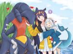  ! 2girls aoi_(aoisaka) bangs blue_hair blunt_bangs blush chin_tickle fish_tail garchomp gawr_gura grass hand_on_another&#039;s_head headpat heart highres hololive hololive_english hug long_hair multicolored_hair multiple_girls ninomae_ina&#039;nis open_mouth orange_hair outdoors pointy_ears pokemon pokemon_(creature) pokemon_(game) pokemon_bdsp purple_hair raincoat sandwiched shark_tail sharp_teeth silver_hair smile spoken_exclamation_mark streaked_hair tail teeth tentacle_hair very_long_hair virtual_youtuber water 