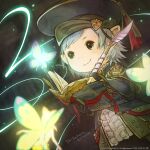  1boy 3others artist_name book copyright eos_(ff14) fairy final_fantasy final_fantasy_xiv gloves green_eyes grey_hair hat highres holding holding_book lalafell looking_at_another multiple_others official_art pointy_ears quill robe scholar_(final_fantasy) selene_(ff14) signature smile writing 