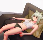  1girl ainar animal_ear_fluff animal_ears arknights bangs blush breasts can cat_ears cat_girl closed_mouth couch eyebrows_visible_through_hair highres kal&#039;tsit_(arknights) lying md5_mismatch on_back self_upload short_hair soda_can solo tired underwear 