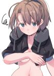  1girl black_shirt blue_eyes breasts brown_hair covering covering_breasts intrepid_(kancolle) kantai_collection large_breasts looking_at_viewer neck_pillow no_bra ponytail sanninme_no_haru shirt short_hair simple_background solo squiggle upper_body white_background 