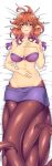  1girl absurdres bed_sheet blue_eyes breasts cleavage commission dakimakura_(medium) gradient_hair highres large_breasts light_blush lindaroze looking_at_viewer lying monster_girl monster_girl_encyclopedia multicolored_hair on_back pillow pointy_ears purple_hair purple_skirt scylla scylla_(monster_girl_encyclopedia) second-party_source skirt smile solo suction_cups tentacles 