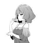  1girl alcohol bare_shoulders blush commentary cup drinking english_commentary fringe_trim greyscale highres holding holding_cup idolmaster idolmaster_cinderella_girls masu minazuki_tooru mole mole_under_eye monochrome off-shoulder_shirt off_shoulder open_mouth shirt short_hair simple_background sketch solo takagaki_kaede white_background 