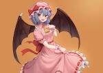  1girl :d absurdres ascot bangs bat_wings blue_hair bow brown_background brown_wings commentary_request dress eyebrows_behind_hair frilled_dress frills goback hair_between_eyes hand_up hat hat_bow highres looking_at_viewer mob_cap pink_dress pink_headwear pointy_ears puffy_short_sleeves puffy_sleeves red_bow red_eyes remilia_scarlet ribbon-trimmed_dress short_sleeves simple_background smile solo teeth touhou upper_teeth wings wrist_cuffs yellow_ascot 
