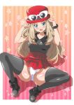  1girl :d black_legwear blonde_hair blue_eyes breasts eyewear_on_headwear full_body hat jewelry long_hair looking_at_viewer open_mouth panties pleated_skirt pokemon pokemon_(game) pokemon_xy serena_(pokemon) skirt sleeveless smile solo sunglasses thighhighs underwear washizuka_shou 