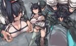  1boy 1girl animal_ears arknights black_gloves black_hair black_panties blaze_(arknights) blue_eyes blush breasts bulge cat_ears cat_tail closed_mouth covered_nipples crotch_grab female_pubic_hair gloves hair_between_eyes hairband hat hetero highres large_breasts licking_lips long_hair long_sleeves nipple_tweak p_(tidoriashi) panties partially_fingerless_gloves pubic_hair red_hairband scarf shirt single_thighhigh smile standing tail thighhighs tongue tongue_out underwear white_shirt 