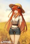  1girl :d alternate_costume arknights arms_behind_back bagpipe_(arknights) bangs black_shorts blunt_bangs blurry blurry_background blush breasts brown_headwear cowboy_shot day depth_of_field dragon_horns eyebrows_visible_through_hair field hat highres horns jewelry long_hair looking_at_viewer medium_breasts midriff navel necklace open_mouth orange_hair outdoors purple_eyes qinglai_haiji shirt short_shorts short_sleeves shorts skindentation smile solo straight_hair straw_hat suspender_shorts suspenders thigh_gap very_long_hair white_shirt 