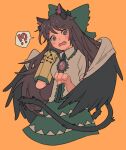  !? 1girl angry animal_ear_fluff animal_ears black_hair black_wings blush bow brown_eyes brown_hair cape cat_ears cat_tail cosplay fang feathered_wings green_skirt highres kaenbyou_rin kaenbyou_rin_(cosplay) long_hair multiple_tails nekomata one-hour_drawing_challenge open_mouth orange_background paw_pose rbfnrbf_(mandarin) red_eyes reiuji_utsuho shirt skirt solo speech_bubble standing tail third_eye touhou two_tails white_shirt wings 