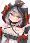  1girl bare_shoulders breasts cleavage fingerless_gloves frills gloves grey_hair hand_up highres hololive hood long_hair looking_at_viewer medium_breasts moemoepiano red_eyes sakamata_chloe simple_background solo upper_body virtual_youtuber white_background 