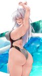  1girl absurdres antenna_hair armpits arms_up ass azur_lane commentary_request competition_swimsuit cowboy_shot eyebrows_visible_through_hair from_behind grey_swimsuit highleg highleg_swimsuit highres long_hair looking_at_viewer multicolored_hair one-piece_swimsuit orange_eyes oriue_wato presenting_armpit prinz_eugen_(azur_lane) red_eyes silver_hair solo streaked_hair swimsuit two_side_up wet 