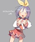  1girl :d bangs blush_stickers bow bow_hairband closed_eyes eyebrows_visible_through_hair grey_background hairband hands happy heart heart_hands highres hiiragi_tsukasa long_sleeves lucky_star neckerchief open_mouth pleated_skirt purple_hair red_neckerchief red_sailor_collar red_skirt ryouou_school_uniform sailor_collar school_uniform serafuku shirt simple_background skirt smile sofa_(enogunomu) solo standing white_shirt yellow_bow yellow_hairband 