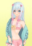  1girl absurdres bangs bikini bikini_skirt blue_eyes blue_jacket bow breasts cleavage collarbone drawp_125 eromanga_sensei eyebrows_visible_through_hair gradient_hair hair_between_eyes hair_bow highres izumi_sagiri jacket long_sleeves looking_at_viewer multicolored_hair navel off_shoulder open_clothes open_jacket open_mouth pink_bikini pink_bow pink_hair silver_hair small_breasts solo swimsuit wavy_mouth yellow_background 