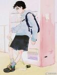  1boy backpack bag black_hair black_shorts blue_hoodie blue_legwear can flcl holding holding_umbrella hood hoodie male_focus nandaba_naota shorts solo teenage umbrella vending_machine yansain 