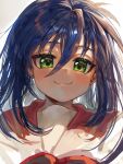  1girl :3 absurdres bangs blue_hair blush closed_mouth commentary green_eyes hair_between_eyes highres izumi_konata jitome long_hair looking_at_viewer lucky_star milmir neckerchief portrait red_neckerchief red_sailor_collar ryouou_school_uniform sailor_collar school_uniform serafuku shiny shiny_hair shirt simple_background solo white_background white_shirt 