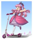  1girl :d absurdres armpits blue_eyes border bow_footwear dress full_body gloves hat_tip highres kick_scooter long_hair looking_at_viewer mary_janes medium_dress outside_border pantyhose pink_dress pink_footwear pink_gloves pink_hair princess princess_(terraria) shoes sleeveless sleeveless_dress smile solo standing standing_on_one_leg suweeka teeth terraria tiara white_border white_legwear 