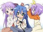  3girls :d ahoge bangs blue_eyes blue_hair blush brown_skirt cardigan collared_shirt controller eyebrows_visible_through_hair finger_to_another&#039;s_cheek game_controller green_eyes grey_pants grey_shirt hands_up hiiragi_kagami hiiragi_tsukasa holding holding_controller holding_game_controller hood hood_down hoodie ixy izumi_konata long_hair long_sleeves looking_at_another lucky_star mole mole_under_mouth multiple_girls orange_hoodie pants playing_games playing_with_another&#039;s_hair purple_hair shirt short_hair siblings simple_background sisters skirt smile twintails video_game white_background 
