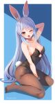  1girl animal_ears arm_behind_head bare_shoulders blue_background blue_hair breasts brown_legwear cleavage commentary_request hololive long_hair looking_at_viewer marota medium_breasts one_eye_closed open_mouth pantyhose playboy_bunny rabbit_ears rabbit_tail red_eyes solo tail twitter_username two-tone_background usada_pekora very_long_hair virtual_youtuber white_background 