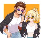  1boy 1girl blonde_hair brown_hair casual denim facial_hair fate/grand_order fate_(series) jacket jeans leather leather_jacket looking_at_viewer mordred_(fate) napoleon_bonaparte_(fate) pants pectorals ponytail shirt shitappa sunglasses toned toned_male type-moon white_shirt 