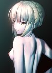  1girl absurdres artoria_pendragon_(fate) back bangs besmiled blonde_hair braid breasts colored_skin eyebrows_visible_through_hair fate/stay_night fate_(series) french_braid hair_bun highres long_hair looking_at_viewer looking_back medium_breasts nipples nude pale_skin saber_alter sidelocks smile solo white_skin yellow_eyes 