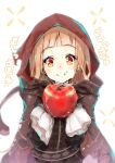  1girl apple bangs blonde_hair brown_dress dress eating food food_on_face fruit highres holding holding_food holding_fruit long_hair long_sleeves looking_at_food red_hood red_riding_hood_(sinoalice) rozea_(graphmelt) simple_background sinoalice white_background yellow_eyes 