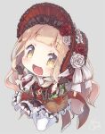  1girl :d apple bangs basket blonde_hair bottle chibi dress flower food fruit full_body grey_background knife long_hair open_mouth red_dress red_flower red_headwear red_riding_hood_(sinoalice) red_rose rose short_sleeves signature simple_background sinoalice smile solo thighhighs white_flower white_legwear white_rose wine_bottle yellow_eyes yuko_(kwong159) 