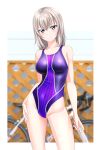  1girl absurdres bangs bicycle blue_eyes blurry blurry_background breasts competition_swimsuit contrapposto cowboy_shot girls_und_panzer ground_vehicle highres itsumi_erika light_smile looking_at_viewer medium_breasts medium_hair multicolored_clothes multicolored_swimsuit one-piece_swimsuit purple_swimsuit silver_hair solo standing striped striped_swimsuit swimsuit takafumi 