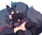  1girl animal_ears bare_shoulders black_hair blue_eyes breasts eyebrows_visible_through_hair fox_ears fox_girl fox_tail glowing glowing_eyes hair_between_eyes highres huge_breasts jewelry kiri_(sub-res) long_hair looking_at_viewer multiple_tails one_eye_closed open_mouth original ring simple_background skindentation solo sub-res tail thick_thighs thighhighs thighs tongue tongue_out white_background 