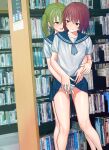  2girls bare_legs blue_neckerchief blue_sailor_collar blue_sky clothes_lift collarbone commentary eyebrows_visible_through_hair feet_out_of_frame fingering green_eyes green_hair highres indoors library lifted_by_another mizuno_sachiko_(seabed) multiple_girls neckerchief open_mouth panties public_indecency pussy_juice reach-around red_eyes red_hair sailor_collar school_uniform seabed serafuku shirt short_hair short_sleeves skirt skirt_lift sky smile sweat takako_(seabed) underwear white_panties white_shirt yokada_yama yuri 