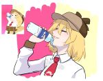  1girl blonde_hair blush bottle chibi closed_eyes collared_shirt crmanzana eyebrows_visible_through_hair failure from_side hair_between_eyes hat holding holding_bottle hololive hololive_english medium_hair necktie parted_lips red_necktie reference_inset shirt smile upper_body virtual_youtuber water water_bottle watson_amelia wet wet_clothes wet_shirt white_shirt wing_collar you&#039;re_doing_it_wrong 